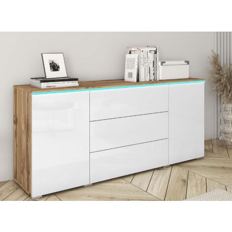 Deco In Paris – Buffet chêne et blanc 2 portes 3 tiroirs – Rangement moderne avec éclairage LED – Dimensions optimisées pour espaces contemporains
