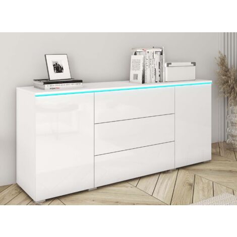 Deco In Paris – Buffet commode blanc laqué 150 cm avec 2 portes et 3 tiroirs – Finition brillante – Pour rangement élégant dans séjour ou cuisine