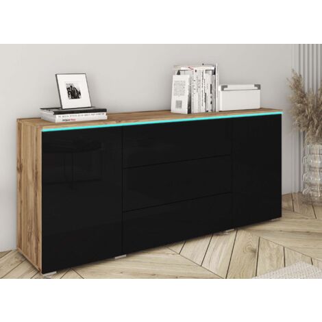 Deco In Paris – Buffet commode 2 portes 3 tiroirs chêne noir LED 150x39.5x68 cm – Meuble design pour rangement séjour, salon, chambre