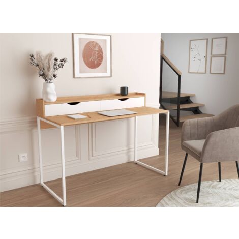 Deco In Paris – Bureau scandinave droit 120x55cm – Bois MDF décor chêne et blanc – Pieds métal blanc – Hauteur 85cm – Rangement intégré