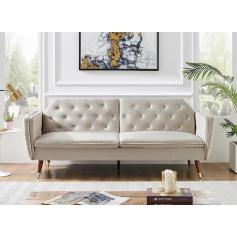Deco In Paris – Canapé clic-clac convertible 3 places en tissu velours beige – Confort optimal pour espaces réduits – Dimensions couchage 140x190cm