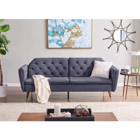 Deco In Paris – Canapé convertible 3 places en tissu velours gris – Dimensions 210x83x86cm – Couchage 185x110cm – Pieds en bois finition noyer