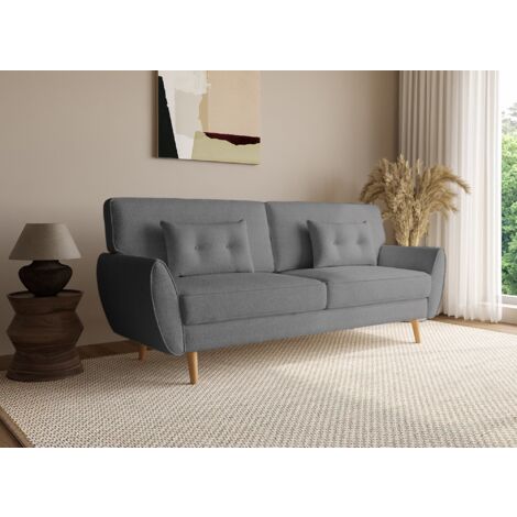 Deco In Paris – Canapé convertible clic clac 3 places en tissu bouclette gris – Couchage 170x114cm – Pieds en bois – Design scandinave