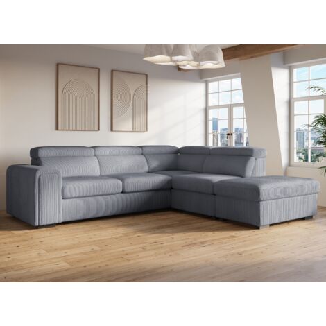 Deco In Paris – Canapé d'angle convertible 5 places en velours côtelé épais gris – Lit confortable pour 2 personnes – Rangement pouf intégré
