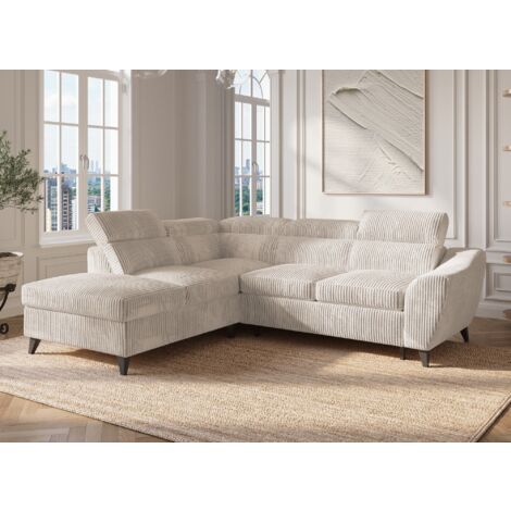 Deco In Paris – Canapé d'angle convertible avec coffre – Velours côtelé épais beige – Dimensions 258x222cm – Lit 2 personnes 165x176cm – Pieds métal noir