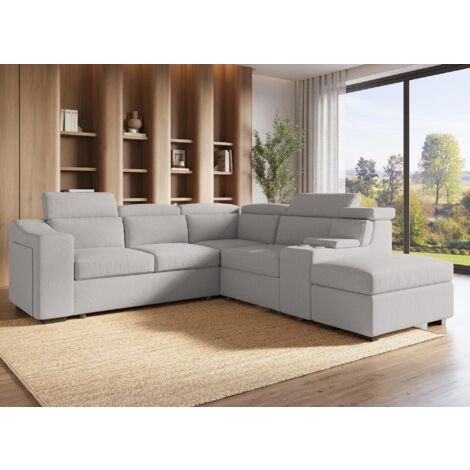 Deco In Paris – Canapé d'angle convertible en tissu beige – Grand modèle 257 cm – Coffre de rangement et têtières relevables – Couchage 127x198 cm