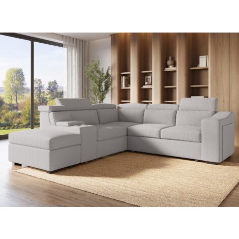 Deco In Paris – Canapé d'angle convertible en tissu beige – Grand modèle 257 cm – Couchage 127 x 198 cm – Têtières relevables – Coffre de rangement