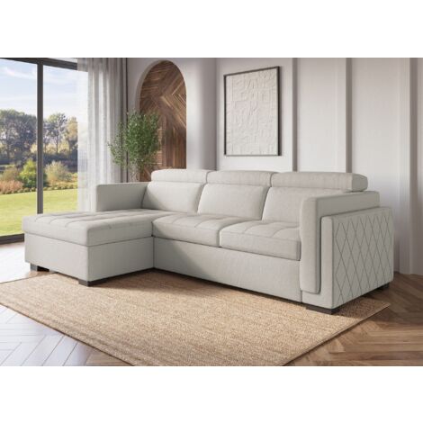 Deco In Paris – Canapé d'angle convertible en tissu beige – Méridienne gauche – Rangement intégré – Dimensions 245x162cm – Couchage 196x121cm