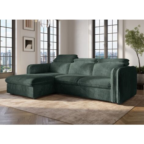 Deco In Paris – Canapé d'angle convertible en velours côtelé épais vert – Dimensions 238x172cm – Couchage 123x197cm pour 2 personnes – Accoudoirs rembourrés
