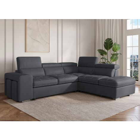Deco In Paris – Canapé d'angle convertible gris 3 places – Largeur 262 cm – Couchage 119 x 182 cm – Coffre de rangement intégré – 2 poufs inclus