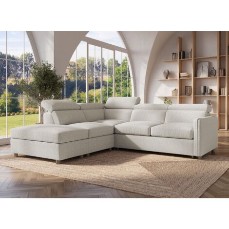 Deco In Paris – Canapé d'angle convertible tissu beige 244x166 cm – Couchage 182x118 cm – Têtières réglables – Rangement intégré