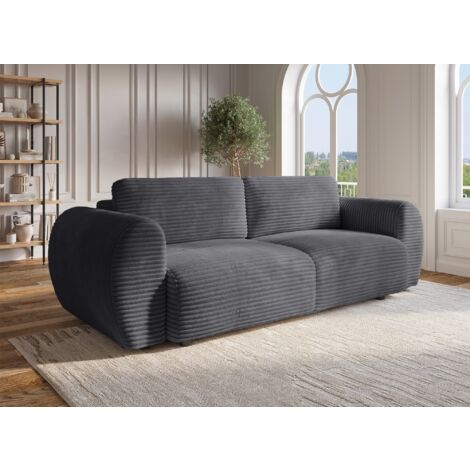 Deco In Paris – Canapé droit 3 places convertible avec coffre – Velours côtelé épais gris – Largeur 251 cm – Confort optimal pour soirées cinéma