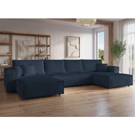 Deco In Paris – Canapé panoramique convertible 5 places avec coffre – Velours cotelé bleu – Dimensions 398x185 cm – Couchage 140x344 cm