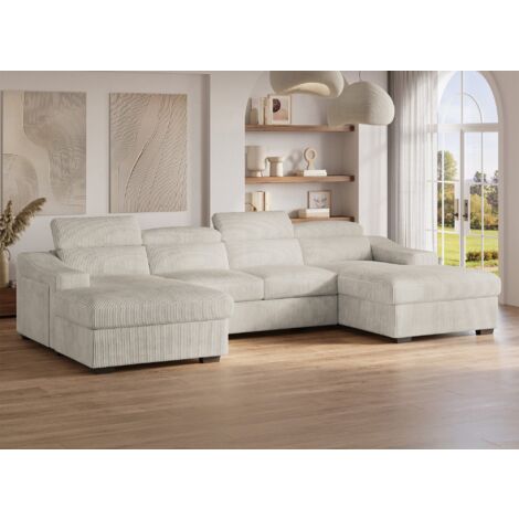 Deco In Paris – Canapé panoramique convertible en U avec 2 coffres de rangement – Revêtement velours côtelé épais beige – Confort optimal pour grands espaces