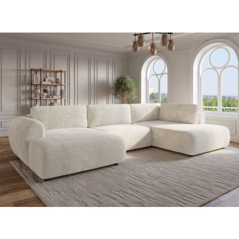 Deco In Paris – Canapé panoramique convertible en velours gros côtelé beige – Coffre de rangement intégré – Assise large et profonde pour moments cocooning