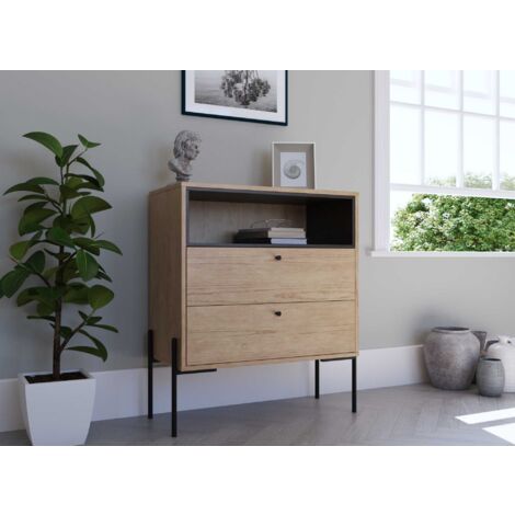 Deco In Paris – Commode 2 tiroirs en bois clair et métal noir – Largeur 80 cm x Profondeur 40 cm x Hauteur 95 cm – Design industriel moderne