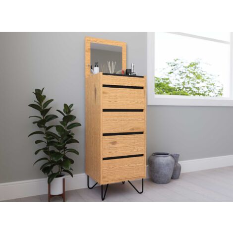 Deco In Paris – Commode en bois MDF chêne 4 tiroirs – Coiffeuse intégrée avec miroir – Dimensions 45x40x110 cm – Pieds métal noir