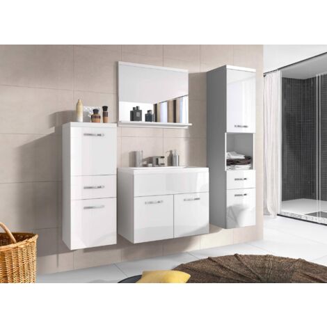 Deco In Paris – Ensemble de meubles de salle de bain blanc brillant – Meuble vasque 60 cm avec rangements – Colonne haute 132.8 cm – Miroir 60x50 cm