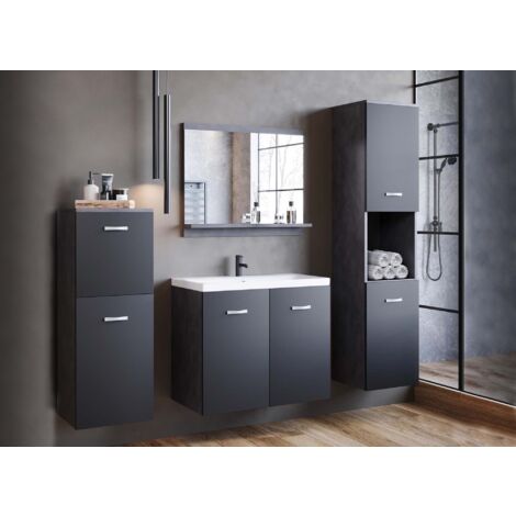 Deco In Paris – Ensemble de meubles de salle de bain suspendu – Bois aggloméré gris foncé et noir – Dimensions meuble vasque 60x34.5x47cm – Colonne haute 30.2x30.2x132.8cm