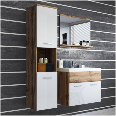 Deco In Paris – Ensemble de meubles salle de bain suspendu – Bois aggloméré effet chêne et blanc – Dimensions 60x35x47.2 cm – Miroir avec tablette