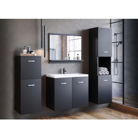 Deco In Paris – Ensemble meubles salle de bain noir mat ALBY – Meuble vasque 60 cm avec rangement – Colonne haute 132.8 cm – Miroir design 60x50 cm