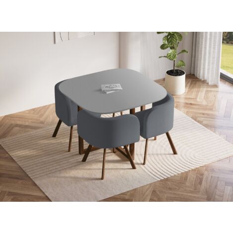 Deco In Paris – Ensemble table carrée 100x100 cm avec 4 chaises encastrables grises – Plateau bois et pieds métal – Style scandinave moderne