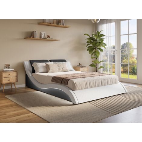 Deco In Paris – Lit adulte simili cuir noir et blanc 180x200 cm avec éclairage LED – Sommier à lattes en bois arqué – Design moderne et élégant