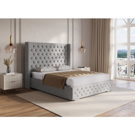 Deco In Paris – Lit coffre 140x190 cm en tissu lin gris – Grand coffre de rangement – Tête de lit haute capitonnée – Sommier à lattes inclus