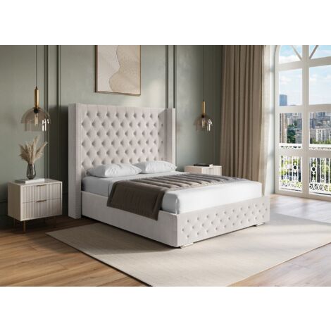 Deco In Paris – Lit coffre 140x190 cm en velours beige – Grand coffre de rangement – Tête de lit haute capitonnée – Lit adulte élégant