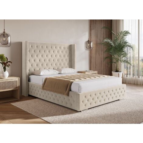 Deco In Paris – Lit coffre 140x190 cm en velours beige – Grand coffre de rangement – Tête de lit haute capitonnée – Sommier à lattes en bois arqué