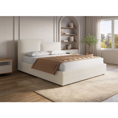 Deco In Paris – Lit coffre en tissu bouclette beige 140x190 cm – Espace de rangement sous sommier – Tête de lit design asymétrique – Confort moderne
