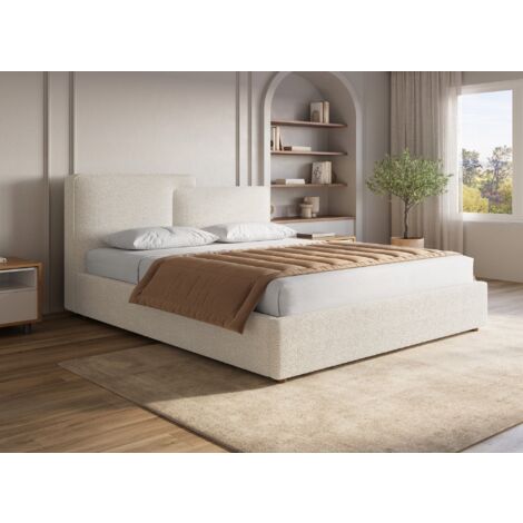 Deco In Paris – Lit coffre en tissu bouclette beige 160x200 cm – Rangement sous sommier – Tête de lit design asymétrique – Confort moderne