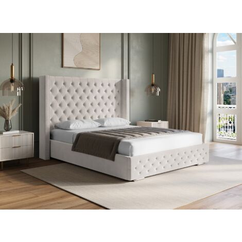 Deco In Paris – Lit coffre en velours beige 180x200 cm – Grand coffre de rangement – Tête de lit haute capitonnée – Sommier à lattes en bois arqué