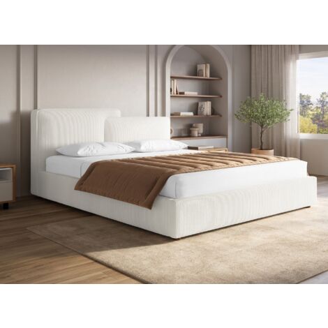 Deco In Paris – Lit coffre en velours côtelé écru 180x200 cm – Rangement sous sommier – Tête de lit design asymétrique – Cadre rembourré confort