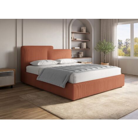 Deco In Paris – Lit coffre velours côtelé terracotta 140x190 cm – Rangement sous sommier – Tête de lit asymétrique – Design moderne et élégant