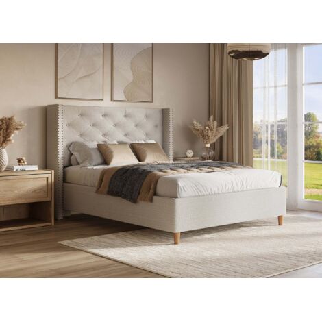Deco In Paris – Lit double capitonné en tissu beige 160x200 cm – Tête de lit haute – Sommier à lattes en bois arqué – Confort optimal pour nuits paisibles