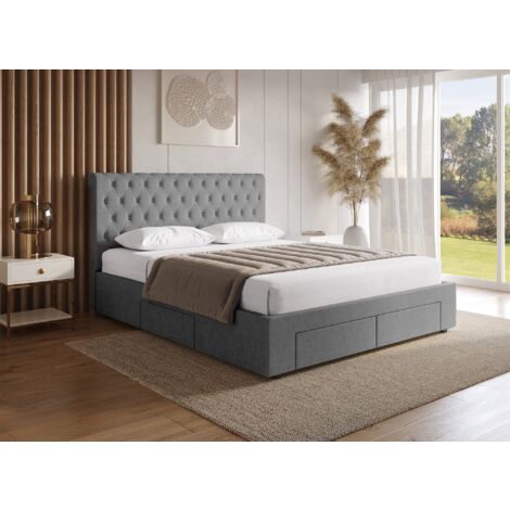 Deco In Paris – Lit double coffre 140x190 cm avec 4 tiroirs en lin gris – Tête de lit rembourrée – Sommier à lattes inclus – Optimisation espace rangement