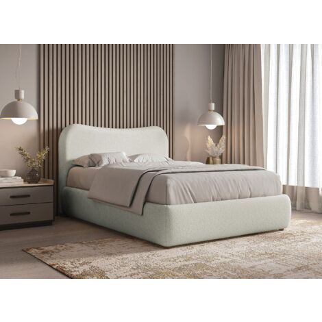 Deco In Paris – Lit double effet peau de mouton blanc écru 140 x 190 cm – Structure bois MDF – Tête de lit design chic – Confort douillet