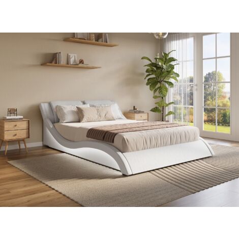 Deco In Paris – Lit double en simili cuir blanc 160x200 cm – Sommier à lattes en bois – Éclairage LED intégré – Design moderne et élégant