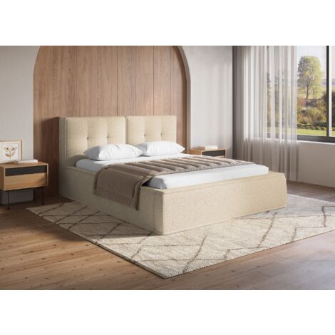 Deco In Paris – Lit double en tissu bouclette beige 140x190 cm – Tête de lit capitonnée – Structure robuste – Design moderne et épuré