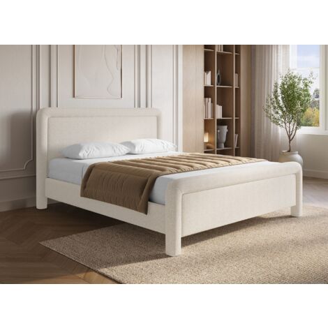 Deco In Paris – Lit double en tissu doux beige 160x200 cm – Tête de lit arrondie – Sommier robuste pour soutien optimal – Style minimaliste