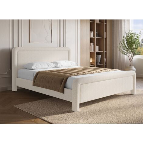 Deco In Paris – Lit double en tissu doux beige 180x200 cm – Confort optimal avec tête de lit épurée – Sommier robuste pour nuits paisibles