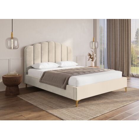 Deco In Paris – Lit double en velours beige 180x200 cm – Tête de lit rembourrée avec surpiqures – Structure bois – Style contemporain chic