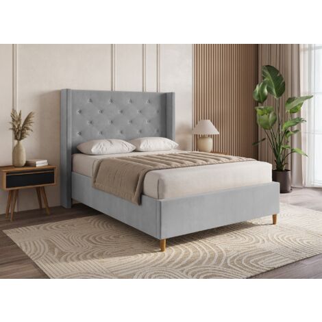 Deco In Paris – Lit double en velours capitonné gris 140x190 cm – Tête de lit capitonnée – Pieds en bois – Style classique et chic