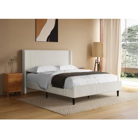 Deco In Paris – Lit double en velours côtelé épais beige 140x190cm – Tête de lit avec rangement – Design moderne et élégant – Entretien facile