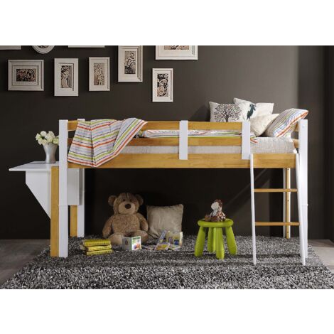 Deco In Paris – Lit mezzanine mi-hauteur 90 x 190 cm en bois naturel et blanc – Optimise l'espace avec étagère bureau intégrée – Pour chambre enfant