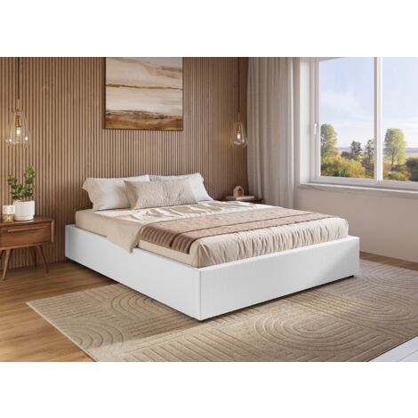 Deco In Paris – Lit coffre relevable 180x200 cm – Simili cuir blanc – Structure bois et métal – 26 lattes en bois pour confort optimal