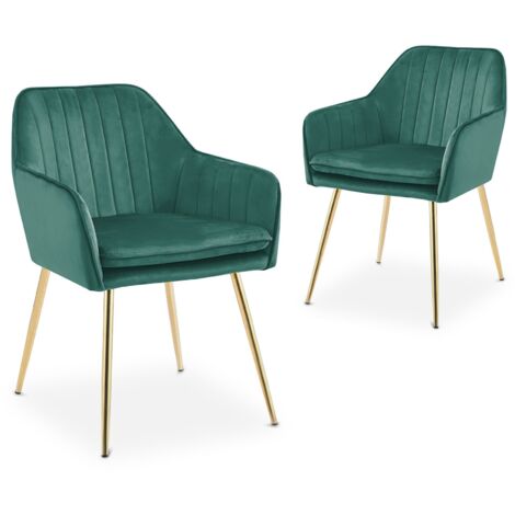 Deco In Paris – Lot de 2 chaises avec accoudoirs en velours vert – Pieds dorés – Style luxueux pour décoration intérieure – Confort optimal