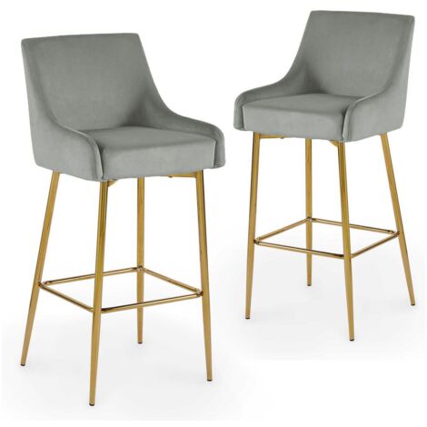 Deco In Paris – Lot de 2 tabourets de bar en velours gris – Hauteur 107.5 cm – Assise 78 cm – Piètement métal doré – Design chic et contemporain