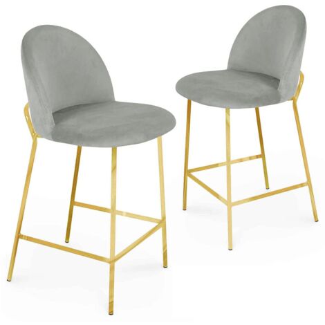 Deco In Paris – Lot de 2 tabourets de bar en velours gris – Hauteur d’assise 65 cm – Piètement métal doré – Style rétro chic et vintage